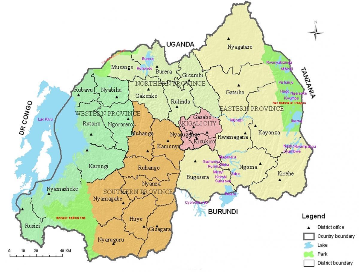 mapa Ruandi sa okruzima i sektorima
